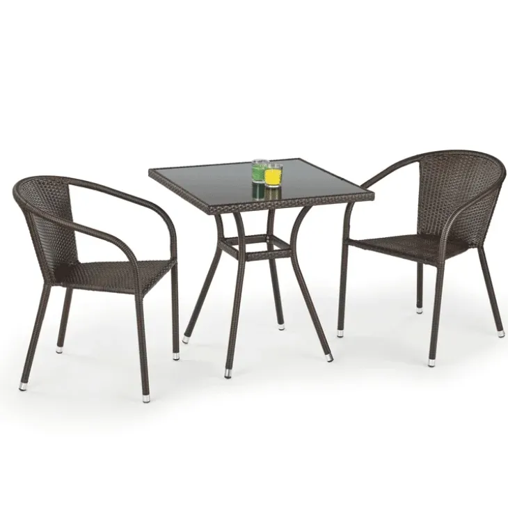 Set tavolo in vetro 70x70cm + 2 sedie da giardino in rattan marrone Cubby
