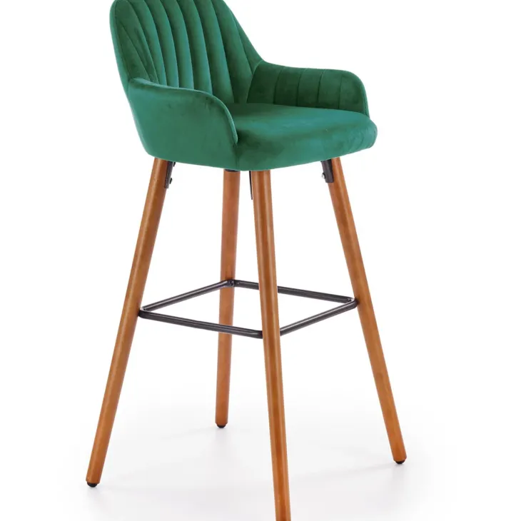 Sgabello alto imbottito stile scandinavo in velluto verde scuro rovere Nate
