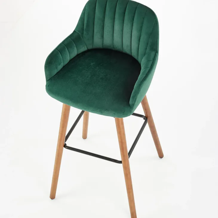 Sgabello alto imbottito stile scandinavo in velluto verde scuro rovere Nate