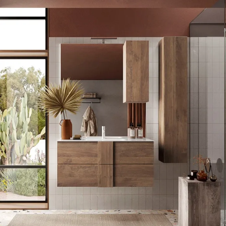 Specchiera 100x110cm bagno con led e pensile rovere scuro Alvarez