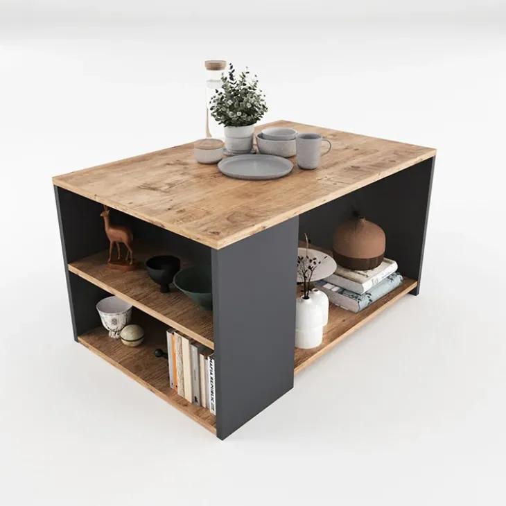Tavolino da salotto con ripiani 90x59cm antracite rovere rustico Luzon