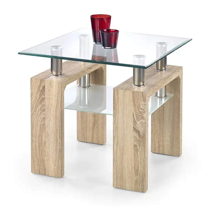 Tavolino da salotto con ripiano 60x60cm vetro rovere acciaio Herman