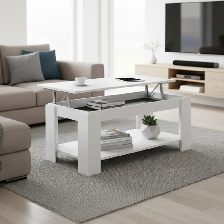Tavolino da salotto contenitore 100x50cm con piano elevabile bianco Charlotte