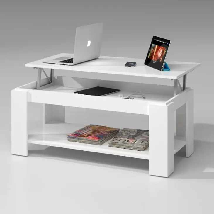Tavolino da salotto contenitore 100x50cm con piano elevabile bianco Charlotte