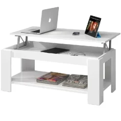 Tavolino da salotto contenitore 100x50cm con piano elevabile bianco Charlotte
