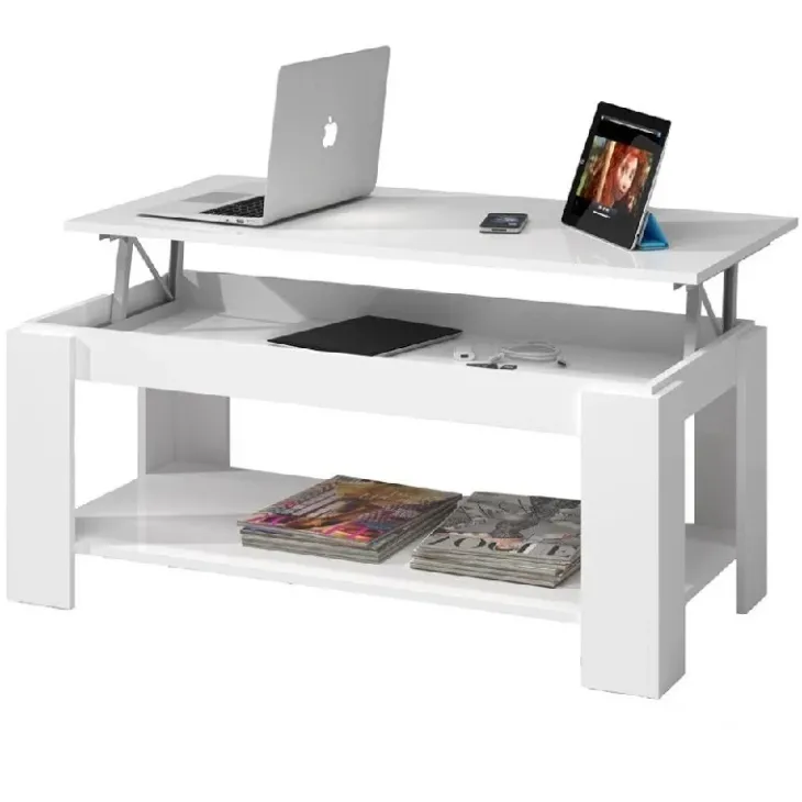 Tavolino da salotto contenitore 100x50cm con piano elevabile bianco Charlotte