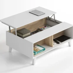 Tavolino da salotto contenitore 100x68cm design elevabile bianco rovere Ines