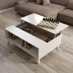 Tavolino da salotto contenitore 100x68cm design elevabile bianco rovere Ines
