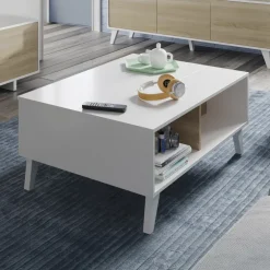 Tavolino da salotto contenitore 100x68cm design elevabile bianco rovere Ines