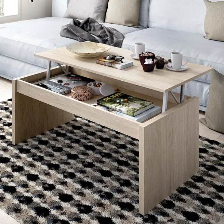 Tavolino da salotto contenitore 102x50cm elevabile moderno rovere Paris