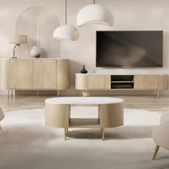 Tavolino da salotto ovale 100x52cm rovere effetto marmo bianco Roundi