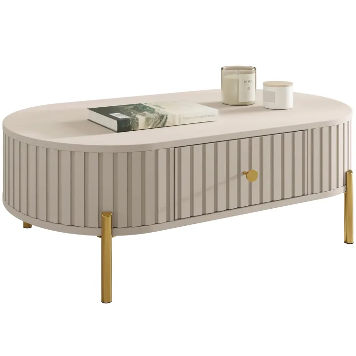 Tavolino da salotto ovale 100x52cm cannettato 1 cassetto beige cashmere Zurik