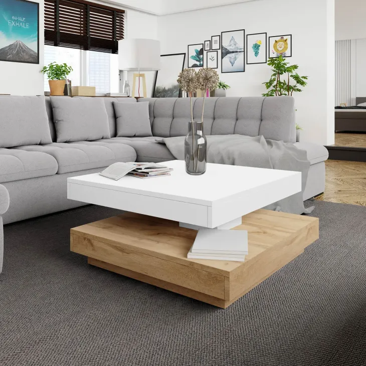 Tavolino da salotto quadrato 70x70cm rotante rovere bianco Rotol
