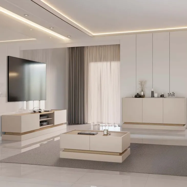 Tavolino da salotto 97x60cm 4 ante a ribalta beige rovere Rhea