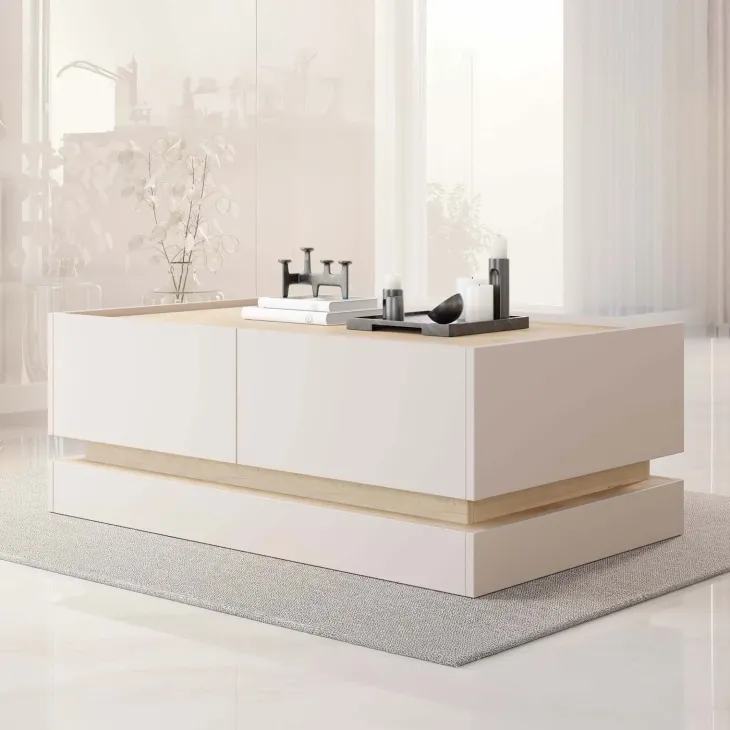 Tavolino da salotto 97x60cm 4 ante a ribalta beige rovere Rhea