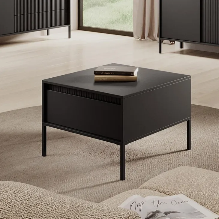 Tavolino da salotto 68x48cm 1 cassetto nero opaco cannettato Ciar