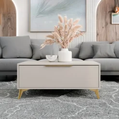 Tavolino da salotto 104x75cm 2 cassetti a frontale unico beige Miriam