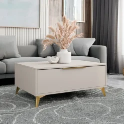 Tavolino da salotto 104x75cm 2 cassetti a frontale unico beige Miriam
