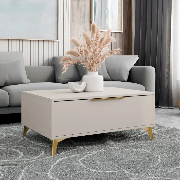 Tavolino da salotto 104x75cm 2 cassetti a frontale unico beige Miriam