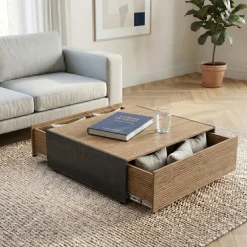 Tavolino da salotto 110x77 cm 2 cassetti con design cannettato rovere nero frassinato Norcia