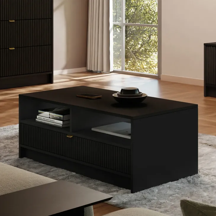 Tavolino da salotto 100x45cm con cassetto cannettato nero Athena
