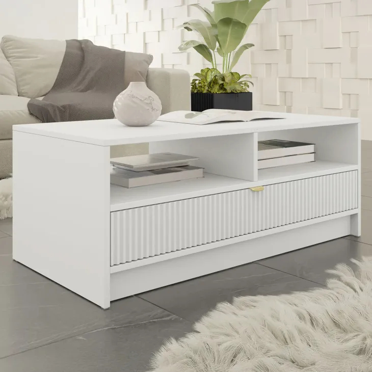 Tavolino da salotto 100x45cm con cassetto cannettato bianco Athena