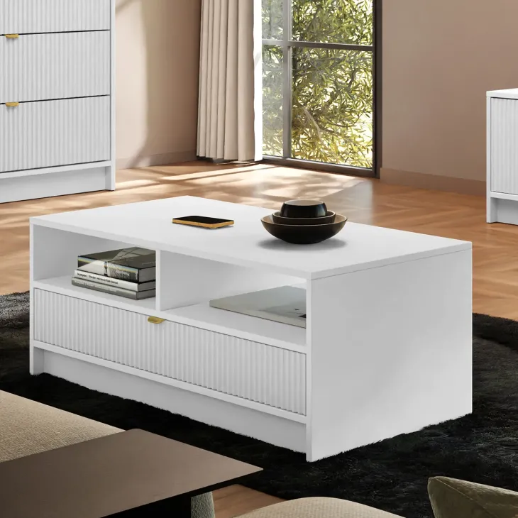 Tavolino da salotto 100x45cm con cassetto cannettato bianco Athena