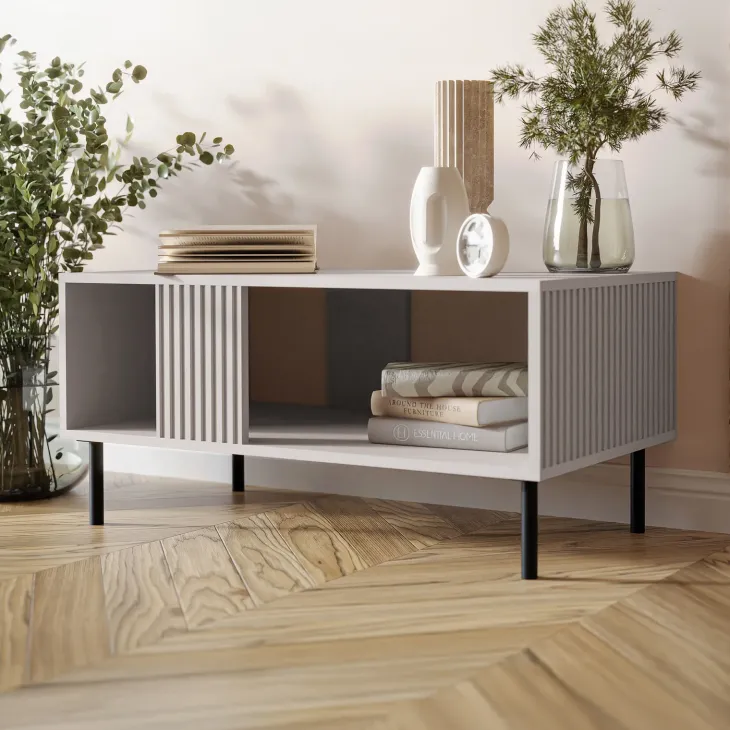 Tavolino da salotto 92x50cm con frontali cannettati beige Ziggy