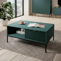 Tavolino da salotto 104x68cm moderno con cassetto cannettato verde Alisa