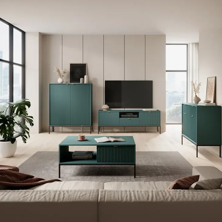 Tavolino da salotto 104x68cm moderno con cassetto cannettato verde Alisa