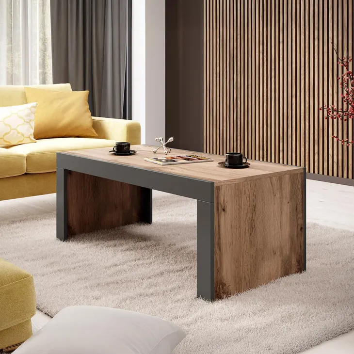 Tavolino da salotto 120x60cm moderno rovere rustico antracite Calyssa