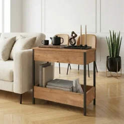 Tavolino da salotto 70x35cm 2 ripiani industrial metallo rovere rustico Loft