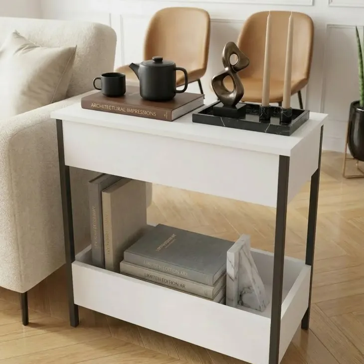 Tavolino da salotto 70x35cm 2 ripiani industrial metallo bianco Loft