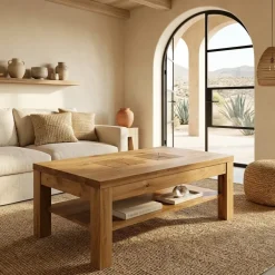 Tavolino da salotto 118x70cm 1 ripiano a vista legno massello quercia Ebania