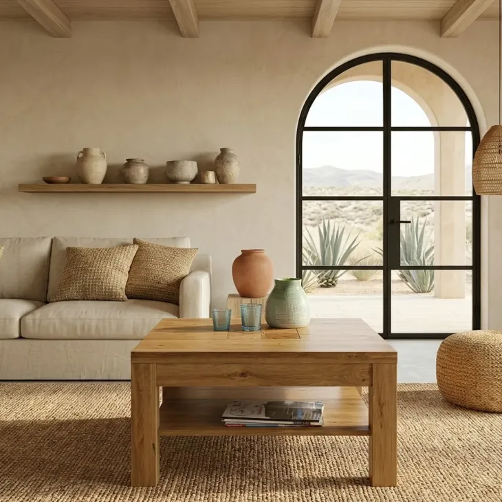 Tavolino da salotto 70x70cm 1 ripiano a vista legno massello quercia Ebania