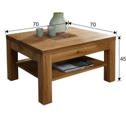 Tavolino da salotto 70x70cm 1 ripiano a vista legno massello quercia Ebania