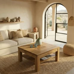 Tavolino da salotto 70x70cm 1 ripiano a vista legno massello quercia Ebania