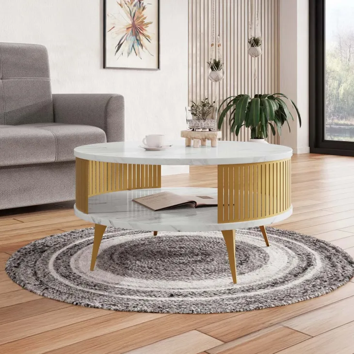 Tavolino da salotto 75x75cm rotondo con ripiano effetto marmo bianco dorato Valeris