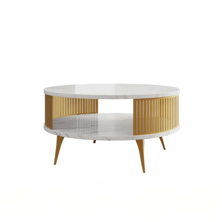 Tavolino da salotto 75x75cm rotondo con ripiano effetto marmo bianco dorato Valeris