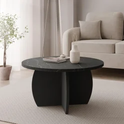 Tavolino da salotto 74x74cm rotondo effetto marmo nero Koda