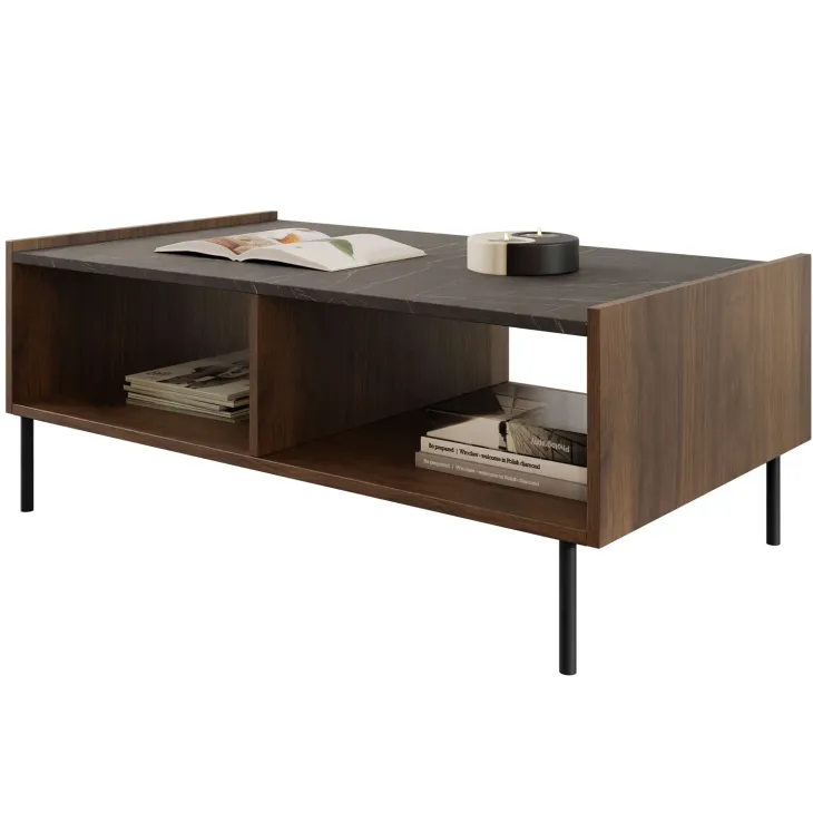 Tavolino da salotto 97x60cm 2 vani a giorno piano effetto marmo nero noce Caliva
