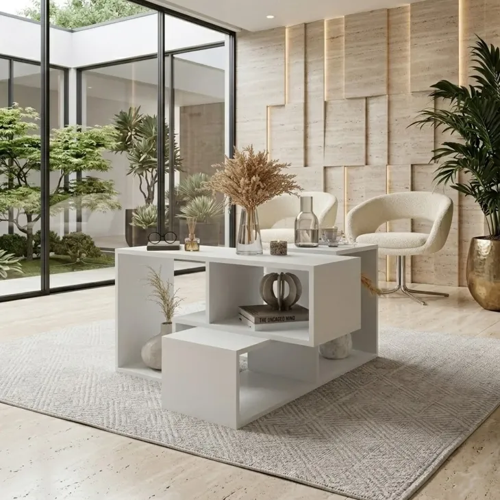 Tavolino da salotto 91x54h cm 4 vani a vista moderno multifunzione bianco Camaleo
