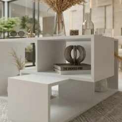 Tavolino da salotto 91x54h cm 4 vani a vista moderno multifunzione bianco Camaleo