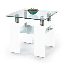 Tavolino 60x60cm con ripiano in vetro bianco acciaio Herman