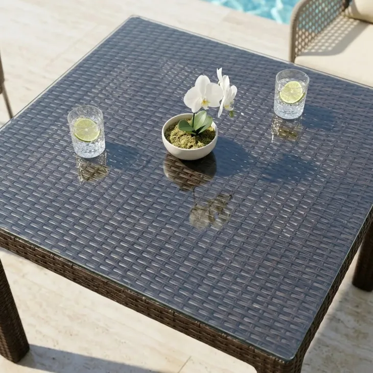 Tavolo da giardino esterno bar dehors 90x90cm polipropilene effetto rattan marrone e vetro Claro
