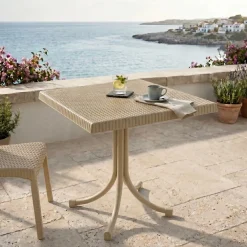 Tavolo da giardino esterno bar dehors quadrato 80x80cm polipropilene effetto rattan tortora Ivo