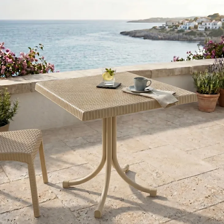 Tavolo da giardino esterno bar dehors quadrato 80x80cm polipropilene effetto rattan tortora Ivo