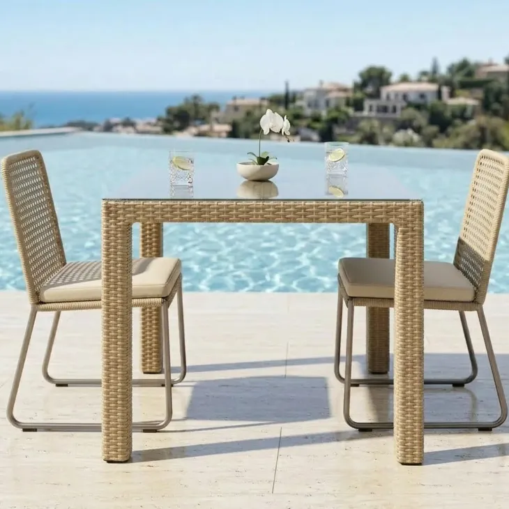 Tavolo da giardino esterno bar dehors 90x90cm polipropilene effetto rattan tortora e vetro Claro