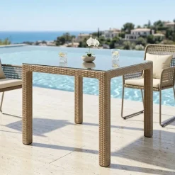 Tavolo da giardino esterno bar dehors 90x90cm polipropilene effetto rattan tortora e vetro Claro