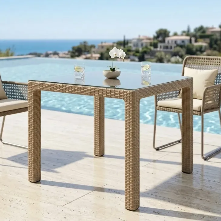 Tavolo da giardino esterno bar dehors 90x90cm polipropilene effetto rattan tortora e vetro Claro